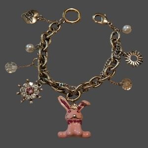 🐰Betsey Pink 3D Bunny Rabbit Colorful Whimsical Blingy Link Charm Bracelet EPC